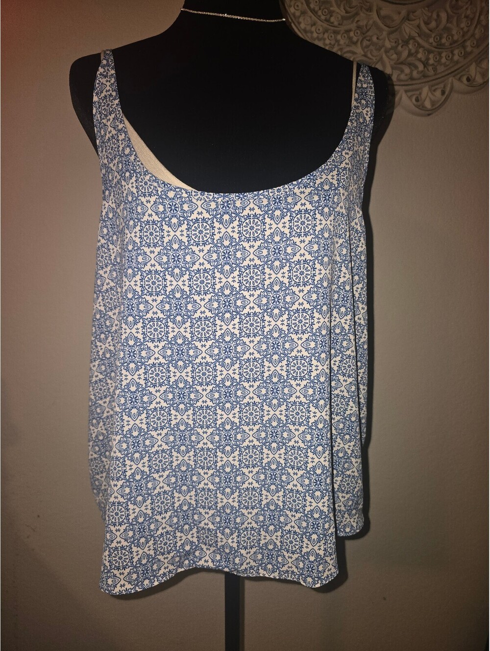Primark Cares Blue and White Patterned Sleeveless Tank Top Size UK 16